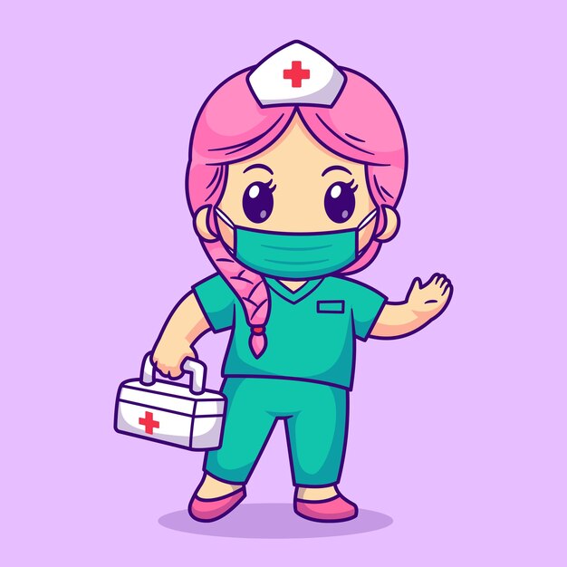 Симпатичная медсестра с маской, держащей аптечку с векторной иконкой мультфильма. Изолированное здоровье людей