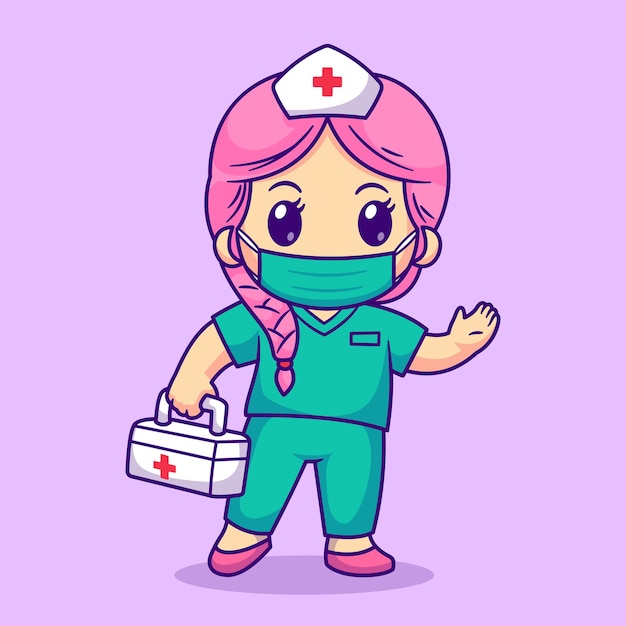 応急処置ボックス漫画ベクトル アイコン イラストを保持しているマスクを持つかわいい看護師。人の健康の分離