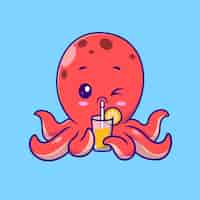 Free vector cute octopus drink orange juice cartoon vector icon illustration animal drink isolated flat vector