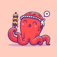 Cute octopus eating takoyaki cartoon vector icon illustration animal food icon concept isolated pr