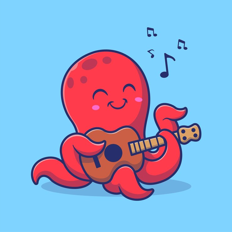 무료 Vector 귀여운 문어 재생 기타 음악 만화 벡터 아이콘 그림 동물 음악 아이콘 절연 평면
