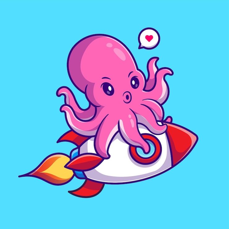무료 Vector 귀여운 낙지 타고 로켓 만화 벡터 아이콘 그림. 동물 기술 아이콘 개념 절연