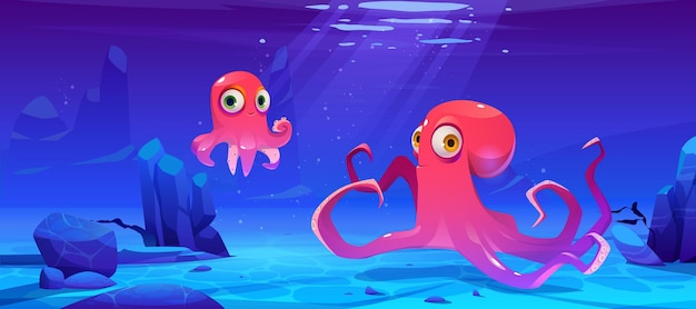 Free vector cute octopuses swim underwater in sea