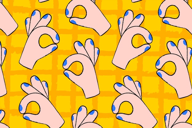 Cute ok hand background, gesture pattern in doodle design vector