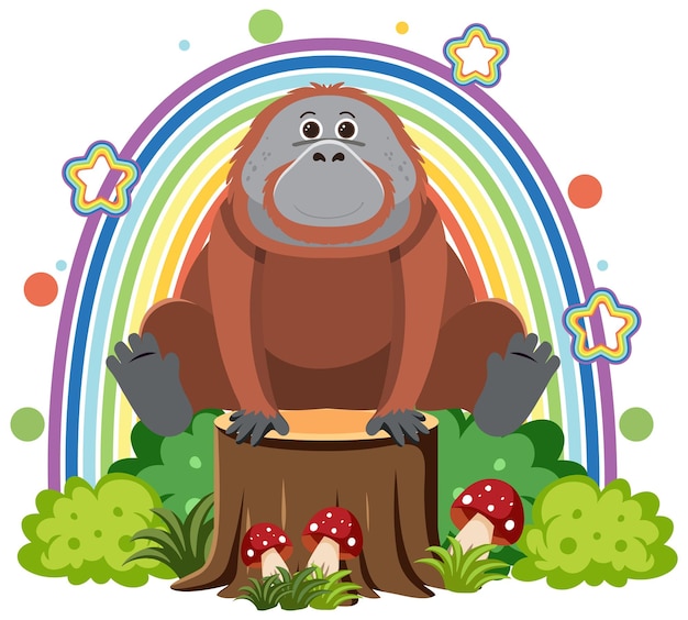 Free vector cute orangutan on stump in flat cartoon style