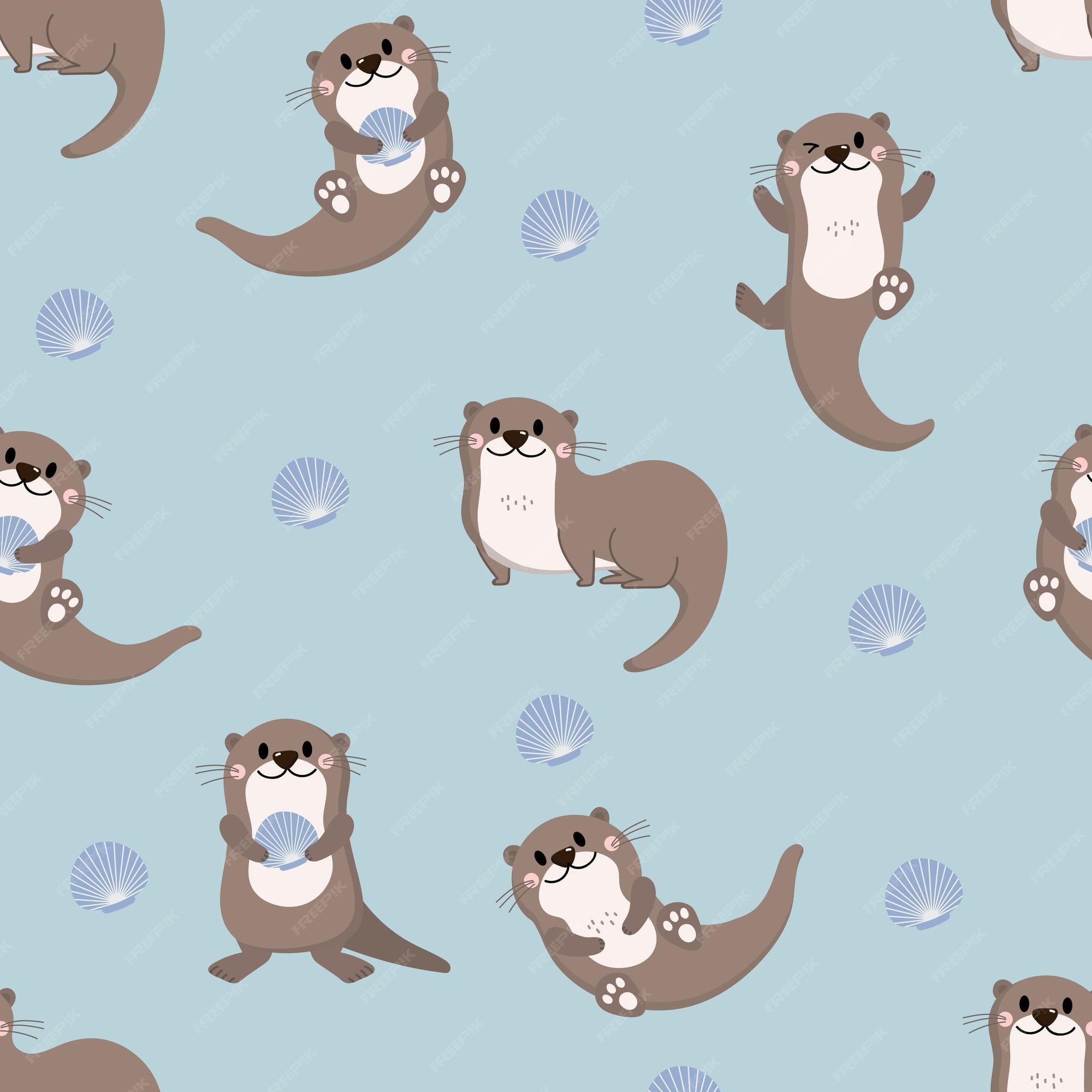 Premium Vector Cute Otter And Shellfish Seamless Pattern