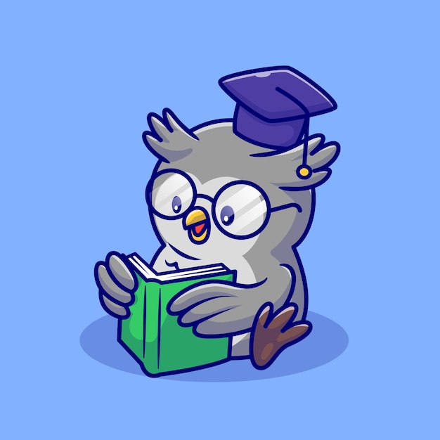 Милая сова читает книгу с очками и выпускной крышкой