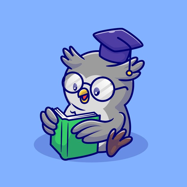 Милая сова читает книгу с очками и выпускной крышкой