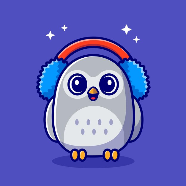 Cute Owl Wearing Earmuffs Cartoon Icon Illustration.