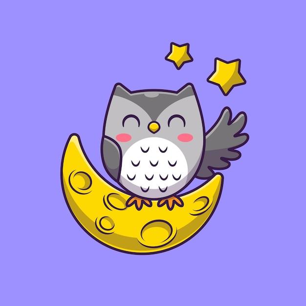 Free vector cute owl with moon and stars cartoon icon illustration.