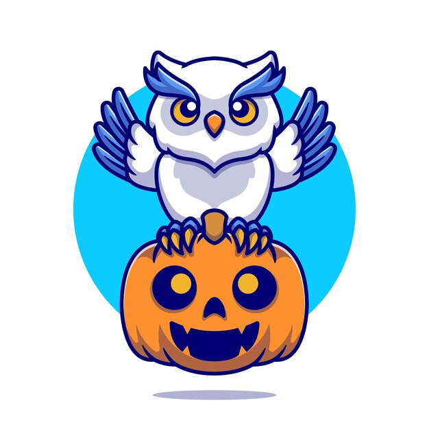 Cute Owl With Pumpkin Halloween Cartoon Illustration. Flat Cartoon Style