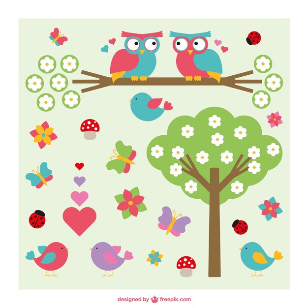 Cute owls, birds and tree