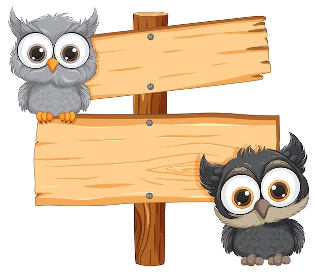 Free vector cute owls with blank wooden sign