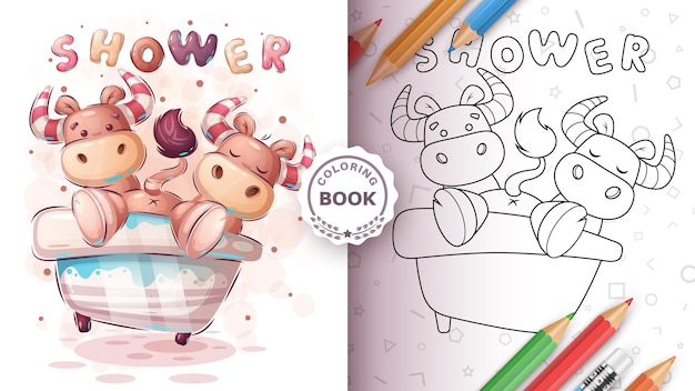 Free vector cute ox, bull in bathroom - coloring book