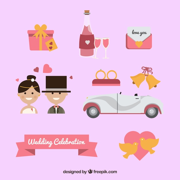 Free vector cute pack of elements for wedding celebration