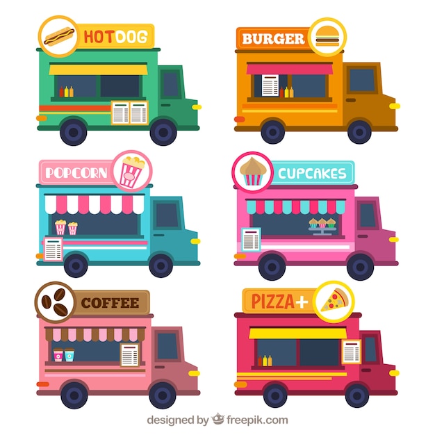 Cute pack of flat food trucks