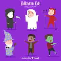 Free vector cute pack of halloween kids characters