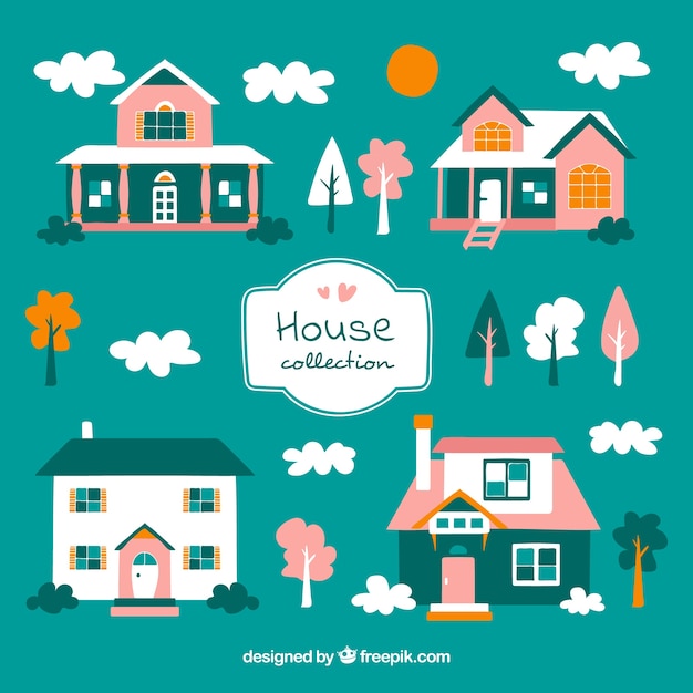 Free vector cute pack of houses with pink details