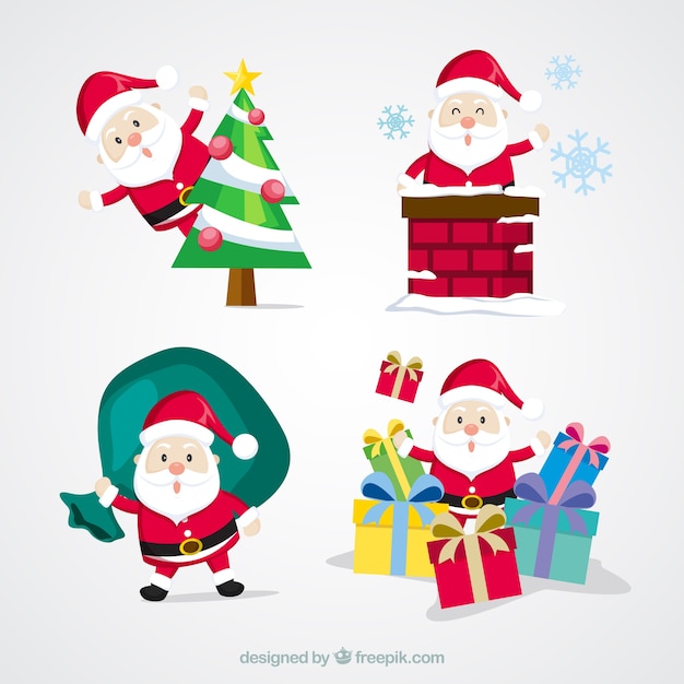 Free vector cute pack of santa claus with christmas objects