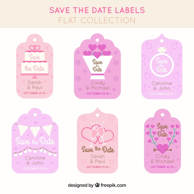 Free vector cute pack of wedding labels with flat design