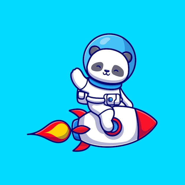 かわいいパンダ宇宙飛行士ロケットに乗って手を振る漫画ベクトルアイコンイラスト。動物技術アイコンコンセプト分離プレミアムベクトル。フラット漫画スタイル