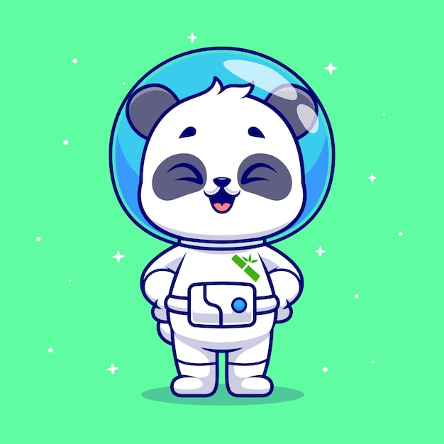 Cute panda astronaut standing in space cartoon vector icon illustration animal science isolated
