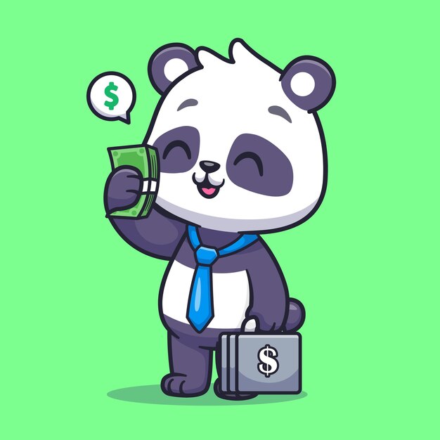 お金とスーツケース漫画ベクトルアイコンイラスト動物ビジネスを保持しているかわいいパンダビジネス
