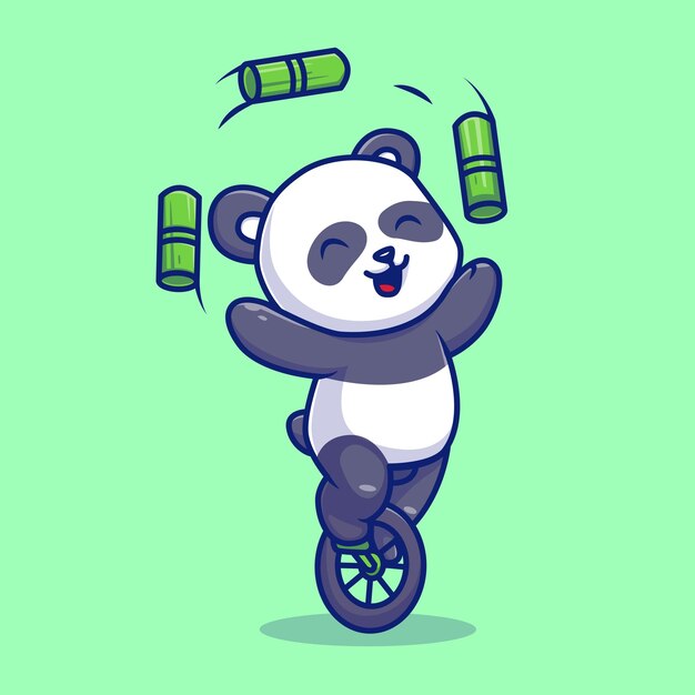 외발 자전거 만화 벡터 아이콘 일러스트와 함께 대나무를 재생하는 귀여운 팬더 서커스. 동물의 자연 아이콘