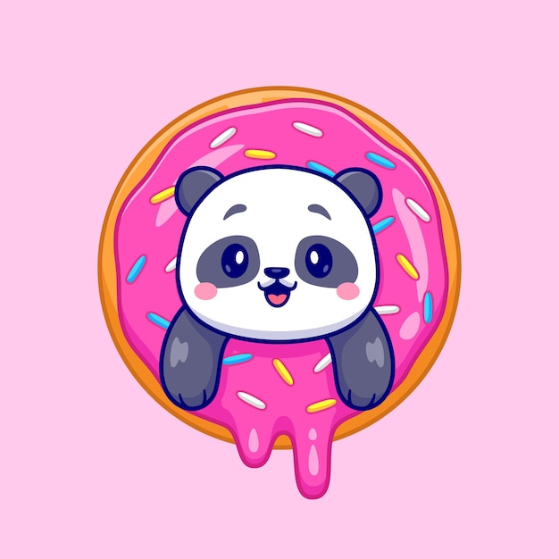 도넛 만화 벡터 아이콘 그림에서 귀여운 팬더입니다. 동물 식품 아이콘 개념 절연 프리미엄 벡터입니다. 플랫 만화 스타일