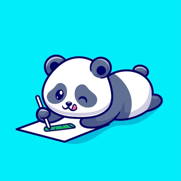 Free vector cute panda drawing bamboo on paper cartoon vector icon illustration animal education icon isolated