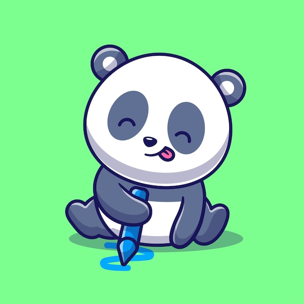 Cute Panda Drawing With Crayon Cartoon Vector Icon Illustration Animal Nature Icon Concept Isolated