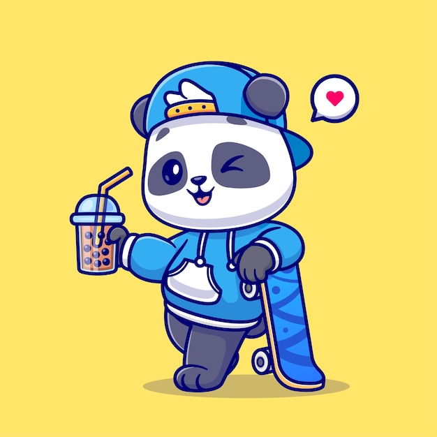 Cute Panda Drink Boba Milk Tea With Skateboard Cartoon Vector Icon Illustration Animal Drink Icon