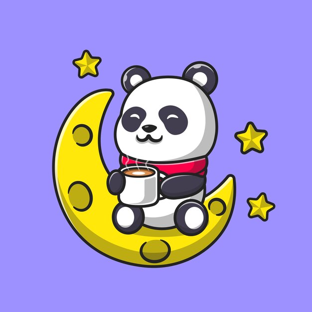 Cute Panda Drink Coffee On Moon Cartoon. Flat Cartoon Style