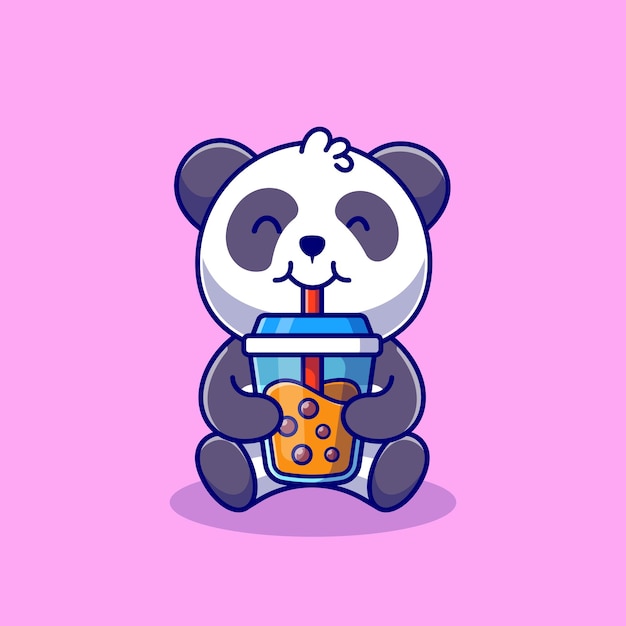 Cute Panda Drinking Boba Milk Tea Cartoon   Icon Illustration Animal Food Icon Concept Isolated    . Flat Cartoon Style