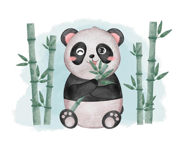 수채화 그림에서 대나무 잎을 먹는 귀여운 팬더