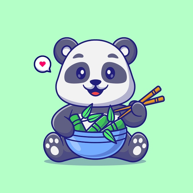 Vettore gratuito panda carino che mangia bambù con le bacchette da mangiare cartoon vector icon illustrazione natura animale isolata