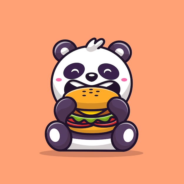 Cute Panda Eating Burger Cartoon Vector  Illustration. Animal Food  Concept Isolated  Vector. Flat Cartoon Style