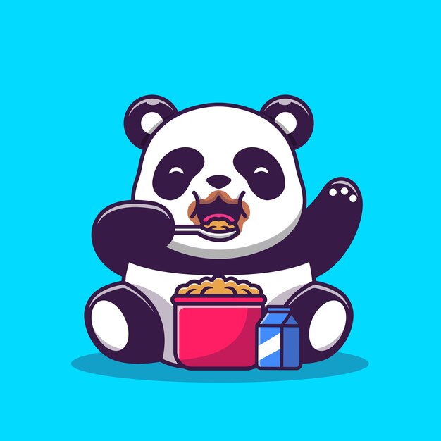 Cute Panda Eating Cereal And Milk Breakfast Cartoon Vector  Illustration. Animal Food  Concept Isolated  Vector. Flat Cartoon Style