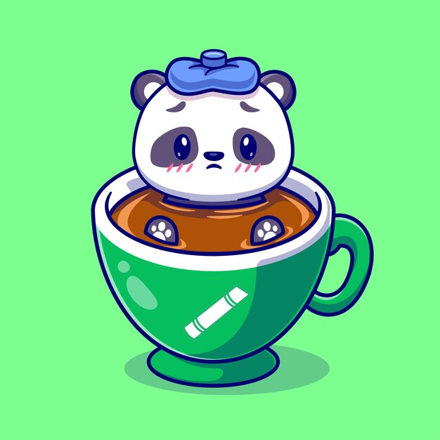 Симпатичная лихорадка панды в кофейном мультфильме "Векторная икона". Изолированная концепция иконки корма для животных Premium вектор. Плоский мультяшный стиль