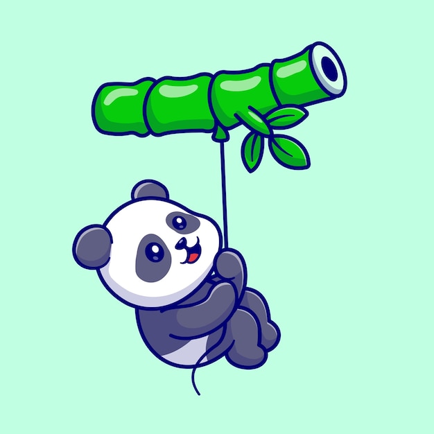 Cute panda flying with bamboo balloon cartoon vector icon illustration. animal nature isolated flat