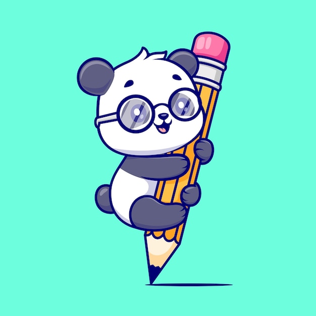 Free vector cute panda hanging on pencil cartoon vector icon illustration animal education icon isolated flat