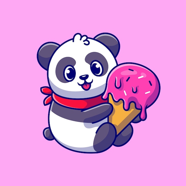 Cute Panda Holding Ice Cream Cone Cartoon Icon Illustration.