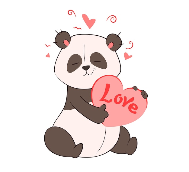 A cute panda holds in its paws a big heart with the inscription love valentines day vector