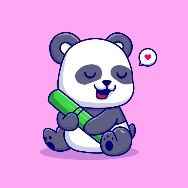 Cute Panda Hug Bamboo Cartoon Vector Icon Illustration. Animal Nature Icon Concept Isolated Premium