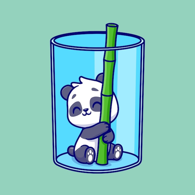 Cute Panda Hug Bamboo In Glass Cartoon Vector Icon Illustration. Animal Nature Icon Concept Isolated