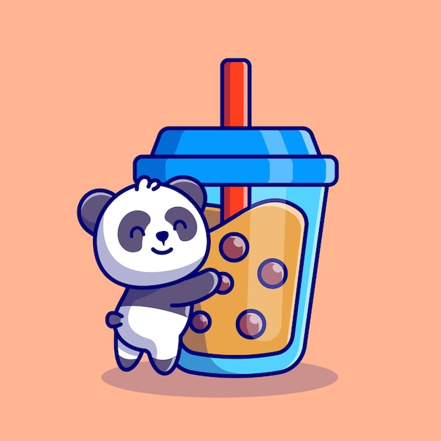 Free vector cute panda hug boba milk tea cartoon icon illustration. animal drink icon concept premium. flat cartoon style