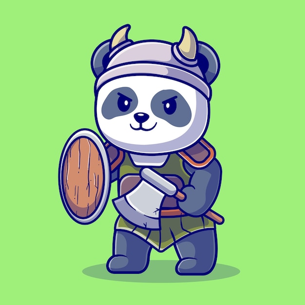 Милый панда рыцарь викинг мультфильм векторные иллюстрации значок. Концепция животного природы значок изолированные Premium векторы. Плоский мультяшном стиле
