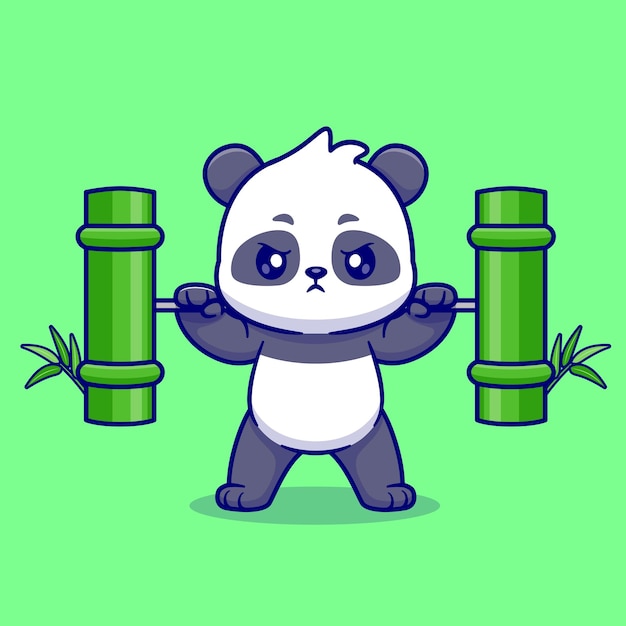 Free vector cute panda lifting bamboo barbell cartoon vector icon illustration animal nature icon isolated