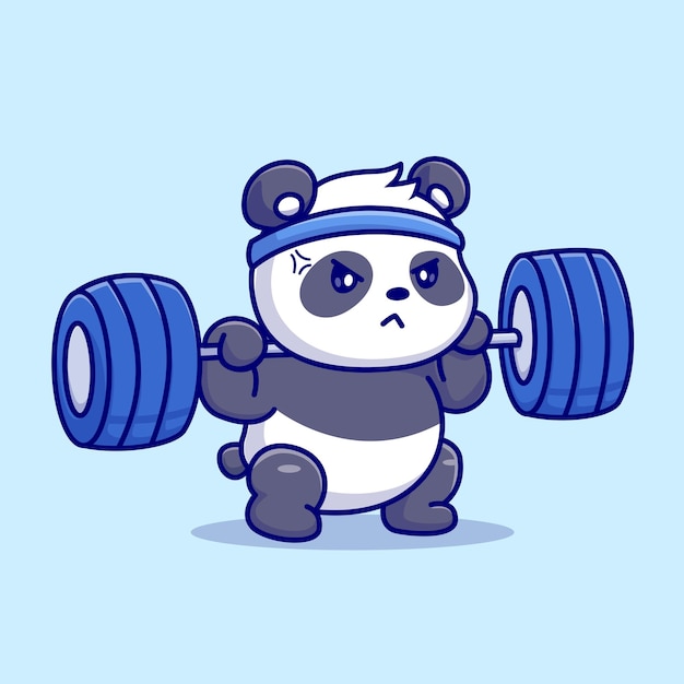 Illustrazione dell'icona di vettore del fumetto di forma fisica della palestra del bilanciere di sollevamento del panda sveglio. icona di sport degli animali isolata