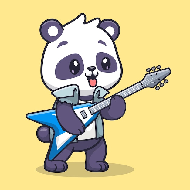 Cute Panda Playing Electric Guitar Cartoon Vector Icon Illustration Animal Music Icon Isolated